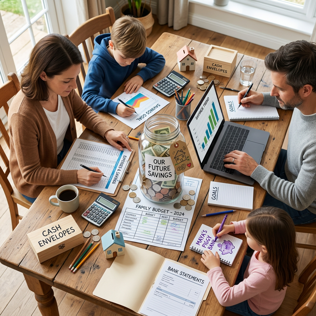 Family budgeting together with cash envelopes, savings jar, calculators, goals, and budget worksheets