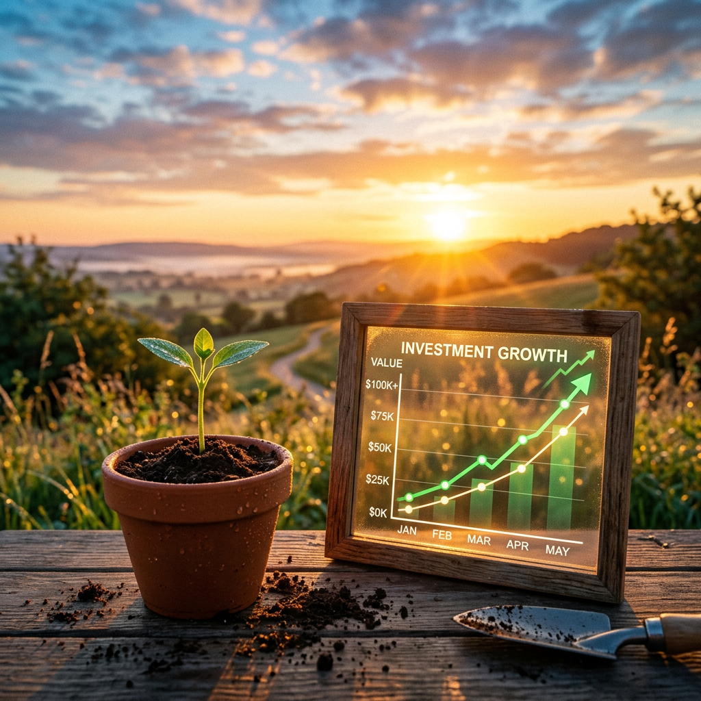 Potted seedling beside an investment growth chart rising from January through May