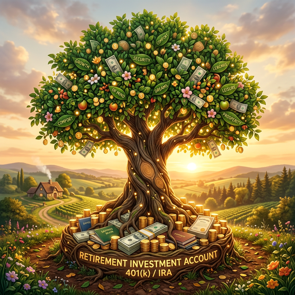 Money tree labeled “RETIREMENT INVESTMENT ACCOUNT 401(k) / IRA,” surrounded by coins, cash, and financial goals.