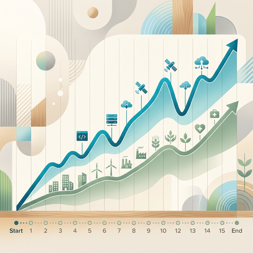 Timeline labeled Start, 1–10, 12–15, and End with rising technology and sustainability trend lines.