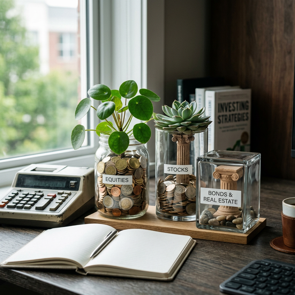 Jars labeled Equities, Stocks, and Bonds & Real Estate filled with coins and decorative plants