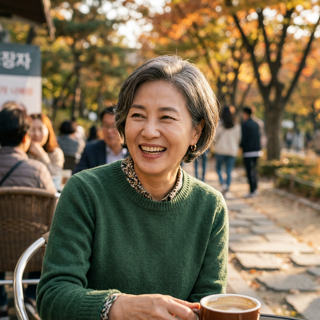 Smiling woman holding coffee outdoors at an autumn café