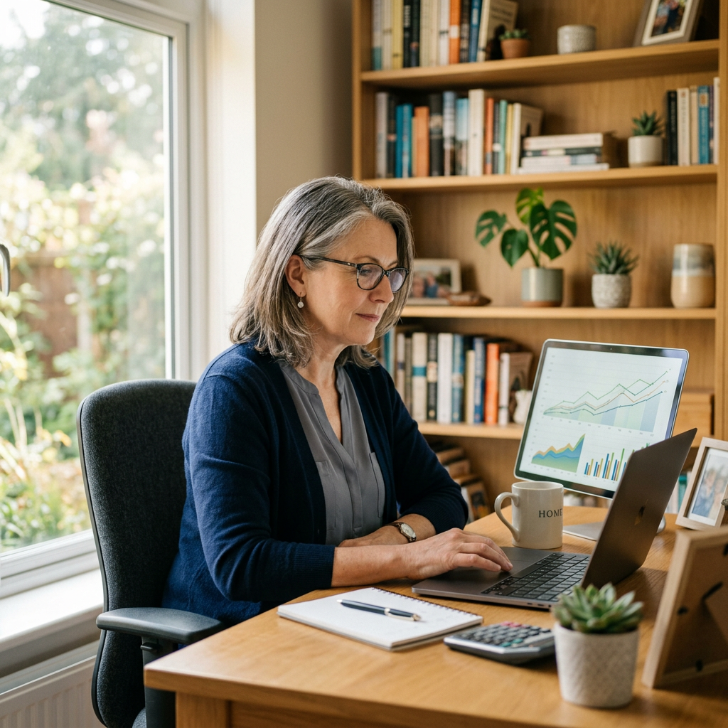 Professional reviewing financial charts on a laptop in a home office