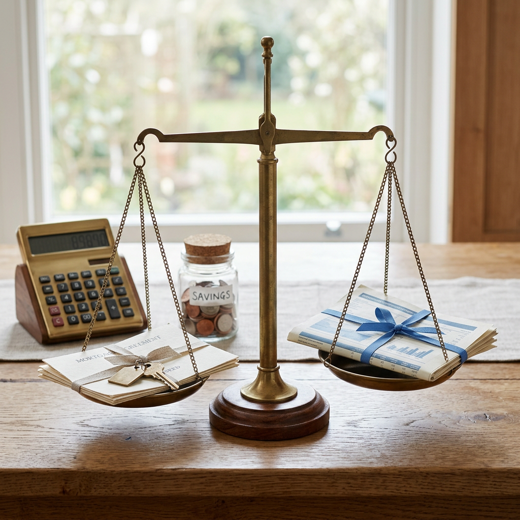 Balance scale with bills, savings jar, calculator, and keys
